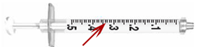 Calculate the amount to administer and choose the correctly marked syringe: syringe _______________. Ordered: Heparin sodium 3,000 units deep subcut q8h On hand: Heparin 10,000 units/mL A)    B)   