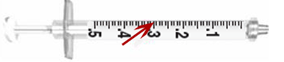 Calculate the amount to administer and choose the correctly marked syringe: syringe _______________. Ordered: Heparin sodium 3,000 units deep subcut q8h On hand: Heparin 10,000 units/mL A)    B)   