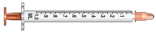 The amount to deliver is 1 mL. Select the correct syringe: _______________. A)     B)     C)   