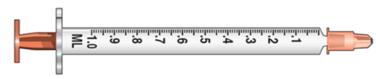 The amount to deliver is 0.5 mL. Select the correct syringe: _______________. A)     B)     C)   