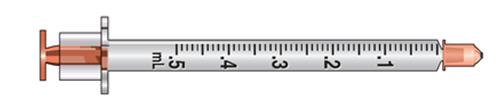 The amount to deliver is 0.5 mL. Select the correct syringe: _______________. A)     B)     C)   