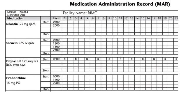 Which entry on the MAR was transcribed with all necessary information in the correct format?   A)  Probanthine B)  Dilantin C)  Digoxin D)  None