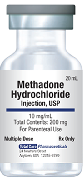 Referring to the label, what is the usual dose for methadone hydrochloride?   A)  10 mg B)  The usual dose is not listed on the label. C)  20 mL D)  200 mg