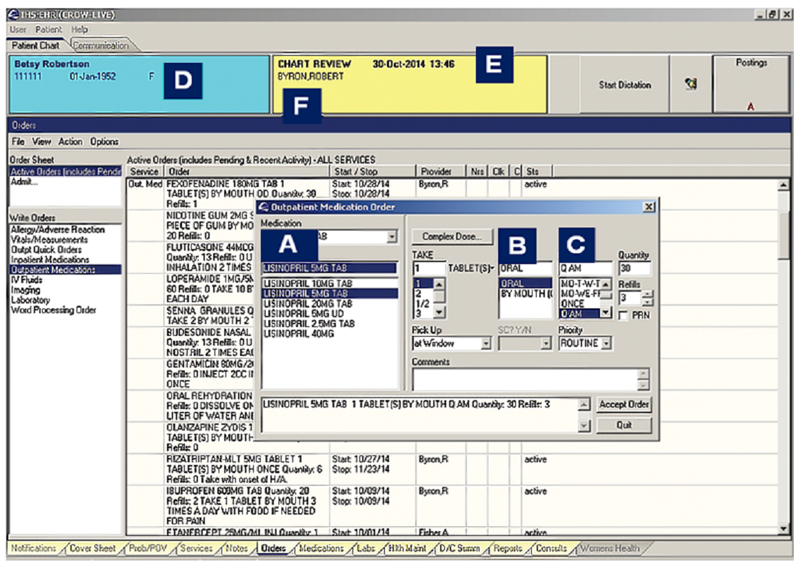 On this electronic order, letter A represents   A)  drug name and dose. B)  route. C)  frequency. D)  patient identification.