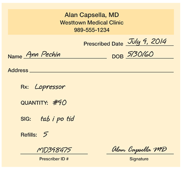 What necessary information is missing from this prescription?   A)  dose B)  frequency C)  route of administration D)  none; the information is complete