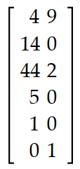  Write a matrix to display the information. -At a store, Sam bought 4 batteries, 1460 -watt light bulbs, 44100 -watt light bulbs, 5 picture-hanging kits, and a hammer. Jennifer bought 9 batteries, 2100 -watt light bulbs, and a package of tacks. Write the information as a  2 \times 6  matrix. A)     B)     C)     D)    