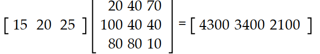  Solve the problem. -Three different high schools plan to order the same three text books. School A plans to order 20 of book 1, 100 of book 2, 80 of book 3. School B plans to order 40 of book 1, 40 of book 2, 80 of book 3. School C plans to order 70 of book 1, 40 of book 2, 10 of book 3. The cost of book 1 is  \$ 15  per copy, the cost of book 2 is  \$ 20  per copy, and the cost of book 3 is  \$ 25  per copy. What matrix product displays the cost to each school of buying the textbooks? Display the two matrices which must be multiplied and their product. A)    B)   \left[\begin{array}{lll}15 & 20 & 25\end{array}\right]\left[\begin{array}{l}200 \\ 160 \\ 120\end{array}\right]=\left[\begin{array}{lll}300032003000\end{array}\right]  C)  \left[\begin{array}{lll}15 & 20 & 25\end{array}\right]\left[\begin{array}{lll}20 & 100 & 80 \\ 40 & 40 & 80 \\ 70 & 40 & 10\end{array}\right]=\left[\begin{array}{lll}2850 & 3300 & 3050\end{array}\right]  D)  \left[\begin{array}{lll}15 & 20 & 25\end{array}\right]\left[\begin{array}{l}130 \\ 180 \\ 170\end{array}\right]=\left[\begin{array}{ll}195036004250\end{array}\right]