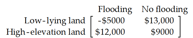 Use the payoff matrix to determine the best strategy. -A farmer must decide on which of two pieces of land to grow his crops. The first piece of land has better soil and will yield a larger harvest. However this piece of land is low lying and is coastal and his crops will be destroyed in the event of a storm and flooding. The second piece of land has poorer soil and will yield a smaller harvest but is at a higher elevation and would not be affected by flooding. He estimates that the payoff matrix is as follows:   What is the farmer's best strategy if he is a pessimist? A)  Use the land that is at a lower elevation B)  Use the land that is at a higher elevation C)  Wait and see