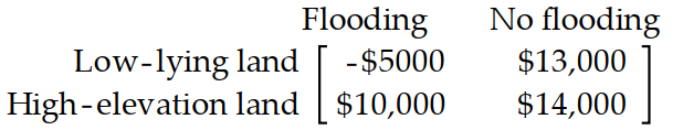  Prepare a payoff matrix -A farmer must decide on which of two pieces of land to grow his crops. The first piece of land has better soil and will yield a larger harvest. However this piece of land is low lying and is coastal and his crops will be destroyed in the event of a storm and flooding. The second piece of land has poorer soil but is at a higher elevation and would not be affected by flooding. If he uses the low-lying piece of land and there is no flooding he will make a profit of  \$ 13,000 . If he uses the low-lying piece of land and there is flooding, he will lose  \$ 5000 . If he uses the higher piece of land and there is no flooding, he will make a profit of  \$ 10,000 . If he uses the higher piece of land and there is flooding, he will make a profit of  \$ 14,000 . (If there is flooding there will be a smaller supply of the crop and his profit will be higher) . Prepare a payoff matrix. A)     B)     C)    