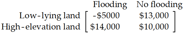  Prepare a payoff matrix -A farmer must decide on which of two pieces of land to grow his crops. The first piece of land has better soil and will yield a larger harvest. However this piece of land is low lying and is coastal and his crops will be destroyed in the event of a storm and flooding. The second piece of land has poorer soil but is at a higher elevation and would not be affected by flooding. If he uses the low-lying piece of land and there is no flooding he will make a profit of  \$ 13,000 . If he uses the low-lying piece of land and there is flooding, he will lose  \$ 5000 . If he uses the higher piece of land and there is no flooding, he will make a profit of  \$ 10,000 . If he uses the higher piece of land and there is flooding, he will make a profit of  \$ 14,000 . (If there is flooding there will be a smaller supply of the crop and his profit will be higher) . Prepare a payoff matrix. A)     B)     C)    