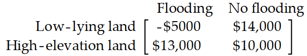  Prepare a payoff matrix -A farmer must decide on which of two pieces of land to grow his crops. The first piece of land has better soil and will yield a larger harvest. However this piece of land is low lying and is coastal and his crops will be destroyed in the event of a storm and flooding. The second piece of land has poorer soil but is at a higher elevation and would not be affected by flooding. If he uses the low-lying piece of land and there is no flooding he will make a profit of  \$ 13,000 . If he uses the low-lying piece of land and there is flooding, he will lose  \$ 5000 . If he uses the higher piece of land and there is no flooding, he will make a profit of  \$ 10,000 . If he uses the higher piece of land and there is flooding, he will make a profit of  \$ 14,000 . (If there is flooding there will be a smaller supply of the crop and his profit will be higher) . Prepare a payoff matrix. A)     B)     C)    