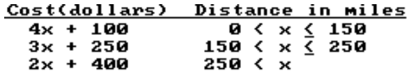  Solve the problem.} -The rate that a moving company charges depends on the distance,  x , in miles that the articles are moved. Let  C(x)   represent the cost to perform a move of  x  miles. One firm charges as follows:   Find  \mathrm{C}(122)  . A)   \$ 588  B)   \$ 644  C)   \$ 616  D)  Undefined 