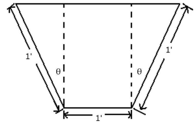  A trough is to be made with an end of the dimensions shown. The length of the trough is to be 19 feet long. Only the angle  \theta  can be varied. What value of  \theta  will maximize the trough's volume?    A)   49^{\circ}  B)   32^{\circ}  C)   11^{\circ}  D)   30^{\circ}