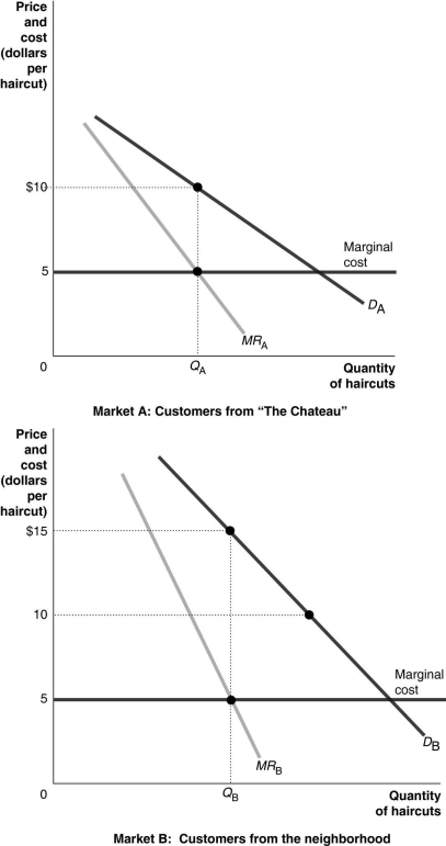 <strong>   Chantal owns a hairdressing salon which caters to two main groups of customers: residents of The Chateau, a retirement community, and other residents in the neighborhood. Figure 15-17 shows the demand curves for the residents of the retirement community, labeled Market A, and other residents in the neighborhood, labeled Market B. The demand curves are not identical.  -Refer to Figure 15-17. Suppose the salon price discriminates. What prices are charged in the two markets?</strong> A) price in market A = price in market B = $15 B) price in market A = $10; price in market B = $15 C) price in market A = price in market B = $5 D) price in market A = price in market B = $10 <div style=padding-top: 35px> 