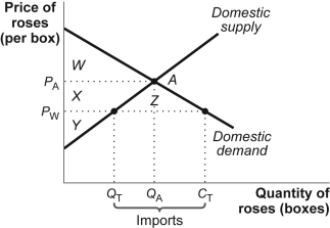 Use the following to answer questions : Figure: The Market for Roses   -(Figure: The Market for Roses)  Look at the figure The Market for Roses. Assume that P<sub>A</sub> is the autarky price and P<sub>W</sub> is the world price. Producer surplus with international trade would be area: A) X + Y + Z. B) W + X + Y. C) X + Y. D) Y.