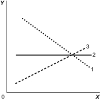 Use the following to answer question : Figure: Illustrating Slope   -(Figure: Illustrating Slope)  Look at the figure Illustrating Slope. In the graph, line 2 has a slope of: A) +1. B) 0. C) -1. D) infinity. 
