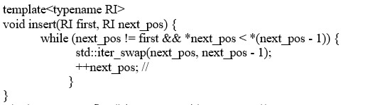<strong>The error written into KW::insert function below can be corrected with the code __________. </strong> A) (next_pos != first || *next_pos < *(next_pos - 1)) B) (next_pos != first && *(next_pos - 1)< *next_pos) C) std::iter_swap(next_pos - 1, next_pos) D) --next_post;