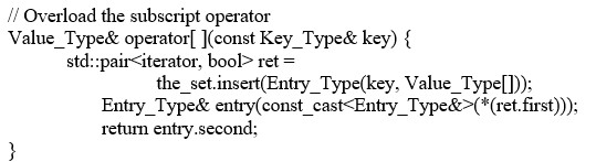 Which of the following lines corrects the error in the Map class function?   A)  Value_Type operator[ ](const Key_Type& key)  B)  Value_Type& operator( ) (const Key_Type& key)  C)  std::pair<iterator, bool> ret =  the_set.insert(Entry_Type(key, Value_Type() ) ) ; D)  std::pair<iterator, bool> ret =  the_set.insert(Entry_Type(key, () ) ) ;
