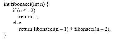<strong>Suppose you passed 50 to the naive recursive version of the fibonacci function appearing below. If your CPU could process one million activation frames per second, approximately how much time would the function require to compute the return value?</strong> A) 36 seconds B) 36 days C) 36 years D) 36 centuries