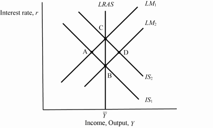 Use the following to answer questions : Exhibit: Short Run to Long Run   -(Exhibit: Short Run to Long Run)  Based on the graph, if the economy starts from a short-term equilibrium at A, then the long-run equilibrium will be at ____ with a _____ price level. A)  B; higher B)  B; lower C)  C; higher D)  C; lower