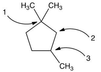 Carbon atoms 1,2 , and 3 in the following structure are classified, respectively, as   A)  tertiary, primary, secondary. B)  quaternary, primary, tertiary. C)  quaternary, secondary, secondary. D)  quaternary, secondary, tertiary.