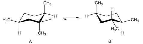  Which statement is correct concerning the relative stabilities of the two conformations,  \mathrm{A}  and  \mathrm{B} , below?   A)  A is more stable. B)   \mathrm{B}  is more stable. C)   A  and  B  are equal in stabilities. D)  A and B are not equal in stability, but the preferred conformation cannot be determined by inspection. 
