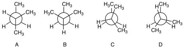 Which of the staggered conformations of 2-methylbutane is most stable?   A)  A B)  B C)  C D)  D