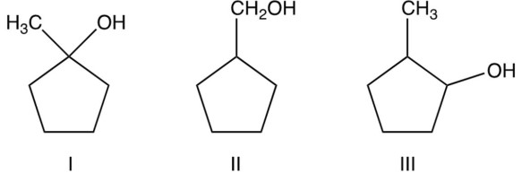  Arrange the following alcohols in order of their decreasing reactivity with  \mathrm{HBr}  (most reactive first) .   A)  I  >  II  >  III B)  I  >  III  >  II C)  III  >  I  >  II D)  II  >  III  >  I 