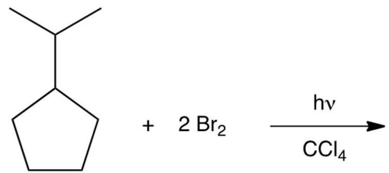 Dibromination of isopropylcyclopentane gives a product which can be isolated in good yields. Which of the following would you predict to be this product?     A)  A B)  B C)  C D)  D
