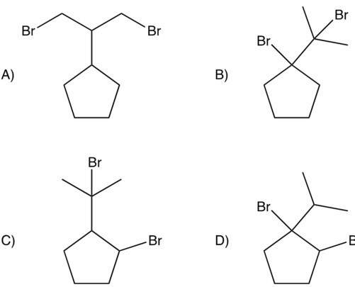 Dibromination of isopropylcyclopentane gives a product which can be isolated in good yields. Which of the following would you predict to be this product?     A)  A B)  B C)  C D)  D