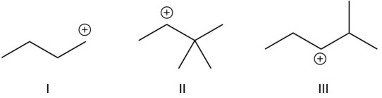 Which of the following carbocations is(are)  likely to undergo a rearrangement?   A)  only I B)  I and III C)  II and III D)  I, II, and III