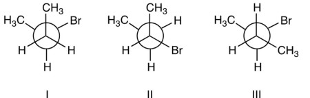 In the dehydrohalogenation of 2-bromobutane, which conformation below leads directly to the formation of cis-2-butene?   A)  only I B)  only II C)  only III D)  I and II