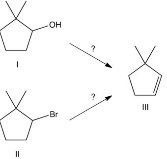  If you wanted to make compound III, starting with compound I or II, what would you do?   A)  React I with  \mathrm{H}_{2} \mathrm{SO}_{4} . B)  React II with NaOEt. C)  Either of the reactions in A or B above would work. D)  Neither of the reactions in A or B above would work. 
