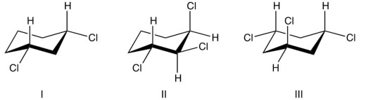 Which of the following molecules are chiral?   A)  only II B)  only III C)  II and III D)  I, II, and III