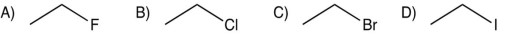  Which of the following undergoes a substitution reaction with sodium cyanide in DMSO at the fastest rate?   A)   \mathrm{CH}_{3} \mathrm{CH}_{2} \mathrm{~F}  B)   \mathrm{CH}_{3} \mathrm{CH}_{2} \mathrm{Cl}  C)   \mathrm{CH}_{3} \mathrm{CH}_{2} \mathrm{Br}  D)   \mathrm{CH}_{3} \mathrm{CH}_{2} \mathrm{I}