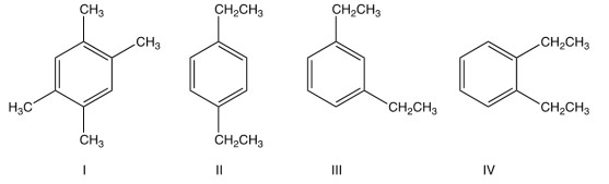  A C-13 NMR spectrum of a compound,  \mathrm{C}_{10} \mathrm{H}_{14} , has five peaks. Two peaks are in the  10-30  ppm region and the other three are in the 120-140 ppm area. Which of the following compounds fits the data?   A)  I B)  II C)  III D)  IV 