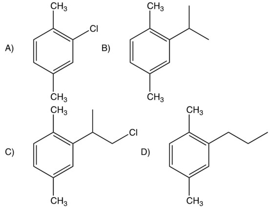  The reaction shown below gave two products in a ratio of approximately  1: 2 . The mass spectrum of the major product has a base peak at  \mathrm{m} / \mathrm{z} 119 . The minor product gave a base peak at  \mathrm{m} / \mathrm{z} 133 . Based on the reaction given and the information on the mass spectra, which of the following is the major product?     A)  A B)  B C)  C D)  D 