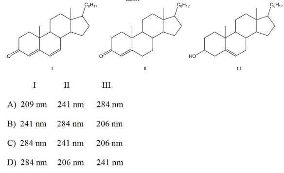  Match each steroid below with its  \lambda_{\max }  in its UV-visible spectrum.   A)  A B)  B C)  C D)  D 
