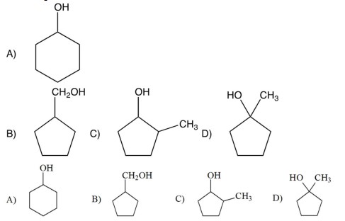 <strong>Compound \mathrm{A}, \mathrm{C}_{6} \mathrm{H}_{12} \mathrm{O} , is readily oxidized with \mathrm{K}_{2} \mathrm{Cr}_{2} \mathrm{O}_{7} in \mathrm{H}_{2} \mathrm{SO}_{4} / \mathrm{H}_{2} \mathrm{O} to give compound \mathrm{B}, \mathrm{C}_{6} \mathrm{H}_{10} \mathrm{O} . Compound \mathrm{B} has four peaks in its C-13 NMR (broadband decoupled). Which one of the following fits the data for compound \mathrm{A} ? </strong> A) A B) B C) C D) D