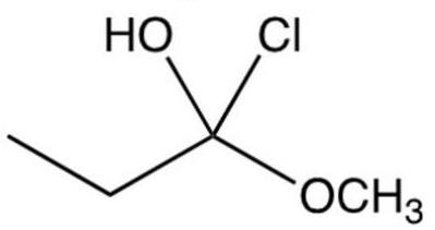  The following tetrahedral intermediate breaks down to   A)  propanoyl chloride and  \mathrm{CH}_{3} \mathrm{OH} . B)  propanal and  \mathrm{HCl} . C)  propanoic acid and  \mathrm{CH}_{3} \mathrm{Cl} . D)  methyl propanoate and  \mathrm{HCl} . 