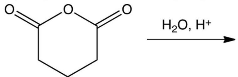  Identify the product obtained in the hydrolysis of the following cyclic acid anhydride.     A)   \mathrm{HOCH}_{2} \mathrm{CH}_{2} \mathrm{CH}_{2} \mathrm{CH}_{2} \mathrm{CH}_{2} \mathrm{OH}  B)   \mathrm{HOCH}_{2} \mathrm{CH}_{2} \mathrm{CH}_{2} \mathrm{CH}_{2} \mathrm{CO}_{2} \mathrm{H}  C)   \mathrm{HO}_{2} \mathrm{CCH}_{2} \mathrm{CH}_{2} \mathrm{CH}_{2} \mathrm{CO}_{2} \mathrm{H}  D)   \mathrm{HOCH}_{2} \mathrm{CH}_{2} \mathrm{CH}_{2} \mathrm{CH}_{2} \mathrm{CH}=\mathrm{O}