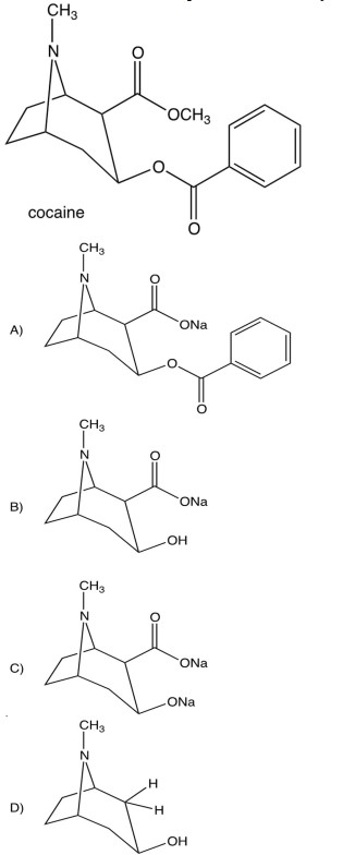  Treatment of cocaine with hot aqueous  \mathrm{NaOH}  would yield   A)  A B)  B C)  C D)  D 