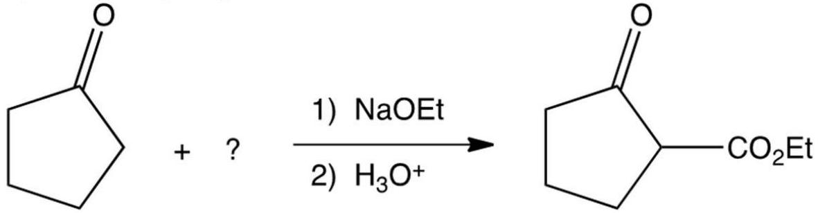 Identify the missing reagent in the reaction shown below.   A)  ethyl formate,  \mathrm{HCO}_{2} \mathrm{Et}  B)  diethyl carbonate,  (\mathrm{EtO}) _{2} \mathrm{C}=\mathrm{O}  C)  diethyl oxalate,  \mathrm{EtO}_{2} \mathrm{CCO}_{2} \mathrm{Et}  D)  ethyl acetate,  \mathrm{CH}_{3} \mathrm{CO}_{2} \mathrm{Et}