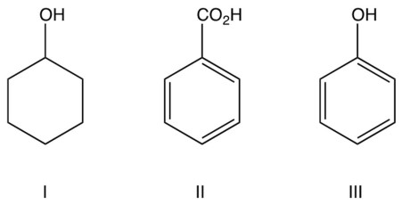  Arrange the following three compounds in order of increasing acidity.   A)  I  <  II  <  III B)  I  <  III  <  II C)  II  <  III  <  I D)  III  <  I  <  II 