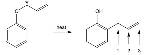  Indicate where the isotopically labeled carbon atom  \left({ }^{*}\right)   is located in the product.   A)   \# 1  B)   \# 2  C)   \# 3  D)  equally distributed between  \# 1 and  \# 2