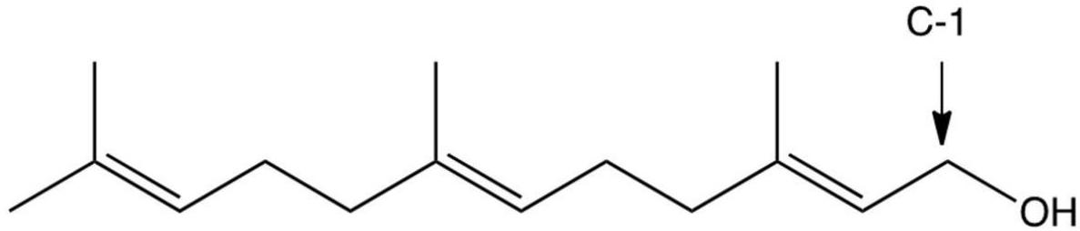Farnesol, shown below, is biosynthesized from three isoprene units. Identify where the isoprene units are connected.   A)  C-3 to C-4 and C-7 to C-8 B)  C-4 to C-5 and C-8 to C-9 C)  C-4 to C-5 and C-9 to C-10 D)  C-5 to C-6 and C-9 to C-10