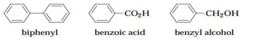 Consider a sample that is a mixture composed of biphenyl, benzoic acid, and benzyl alcohol. The sample is spotted on a TLC plate and developed in a hexanes-ethyl acetate solvent mix- ture. Predict the relative R<sub>f </sub>values for the three compounds in the sample.   