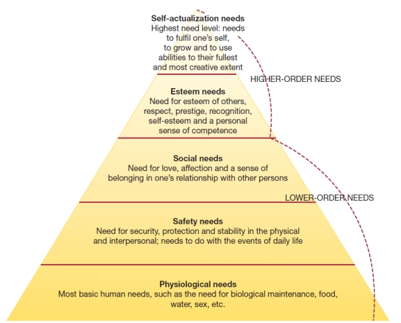 Visual Diagram Questions (These diagrams can be used to test understanding of concepts rather than mere recollection. The provision of the diagrams removes the pressure to remember but does draw on the ability to explain a visual image. Instructors should take care if using a mix of other questions with visual diagram questions to ensure that the diagram does not provide answers to other questions in a test or exam.) -The diagram below identified the higher-order needs and lower-order needs. a) Name the theory b) Explain how this theory might be used to motivate individuals in a work-setting   