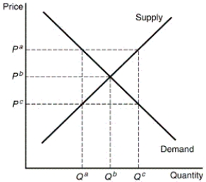 In the following figure,there will be an excess supply at any price:   A)  above P<sup>b</sup>. B)  below P<sup>b</sup>. C)  other than P<sup>b</sup>. D)  below P<sup>a</sup>. E)  above P<sup>c</sup>.