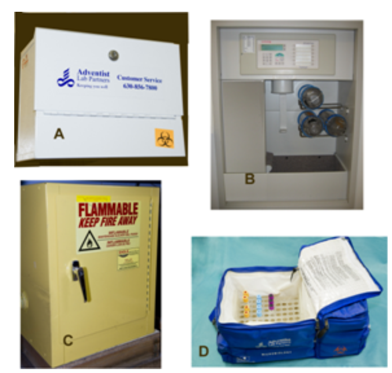    A laboratory courier is picking up specimens from a client after business hours. Which image represents the specimen storage container that he would look for? A)  Image A B)  Image B C)  Image C D)  Image D